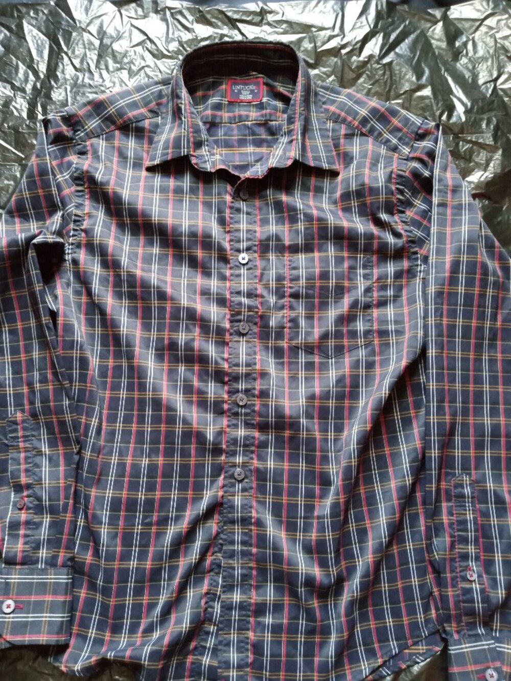 UNTUCKit Button Down Slim Fit Shirt Mens S Navy Blue Valencay Plaid